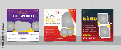 Travel and Tourism Business Marketing Banner. Holidays Tours Advertising Social Media Post. Explore the World ads Template Square poster flyer bundle design.