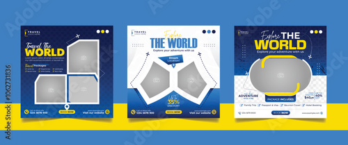 Travel and Tourism Business Marketing Banner. Holidays Tours Advertising Social Media Post. Explore the World ads Template Square poster flyer bundle design.