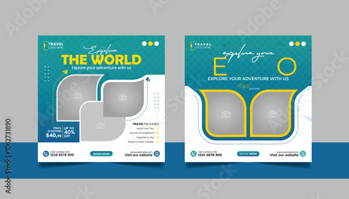 Travel and Tourism Business Marketing Banner. Holidays Tours Advertising Social Media Post. Explore the World ads Template Square poster flyer bundle design.
