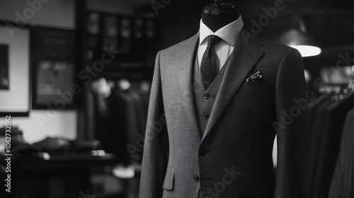 A tailored gray suit with a white shirt and a patterned tie on a mannequin in a clothing store.