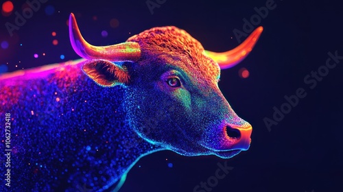A close-up of a stylized bull's head, rendered in a vibrant, colorful, pixelated style.