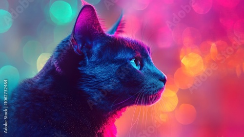 A sleek black cat with vibrant blue eyes, illuminated by bright, colorful lights.