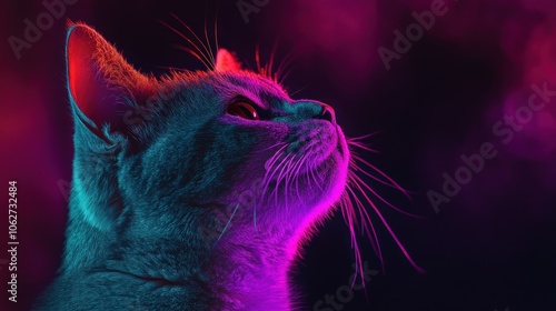 Close-up portrait of a cat's head with neon pink and blue lighting.