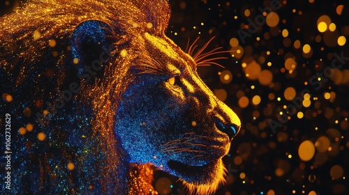 A majestic lion's profile rendered in shimmering gold and blue particles against a black background with a subtle bokeh effect.