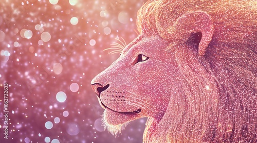A majestic lion with a shimmering mane, a symbol of strength and power, against a backdrop of soft, warm light.