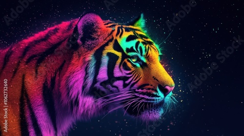 A vibrant, colorful tiger portrait with a black background and sparkling lights.