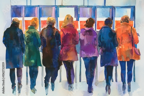 A watercolor painting depicting a group of individuals in colorful coats, lined up at voting booths, showcasing a moment of civic participation.