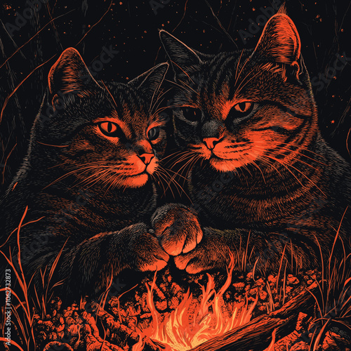 Enchanting Illustration of Two Cats at Night by a Glowing Campfire in Mystical Forest Setting - Perfect for Nighttime, Wilderness, and Feline Art Lovers