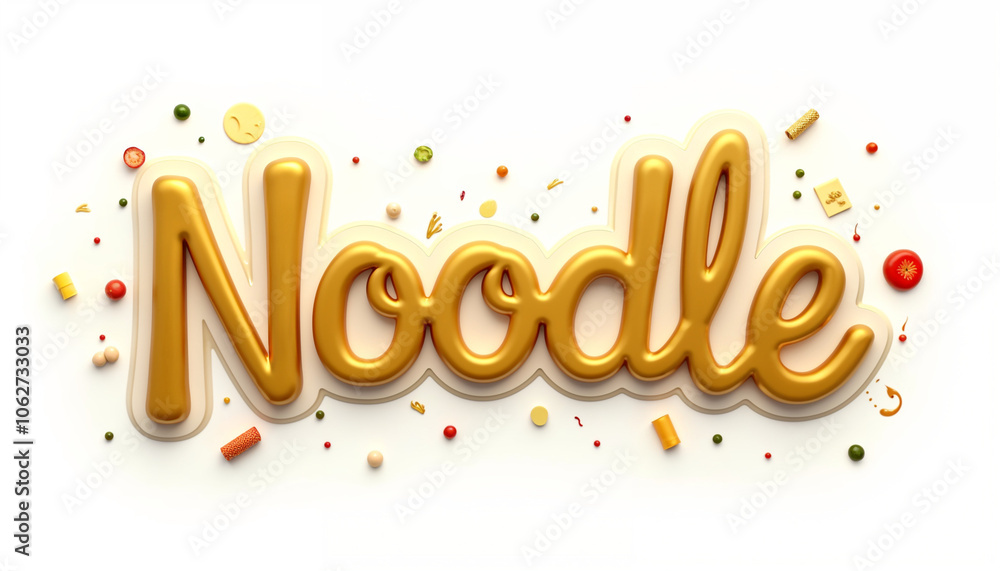 Luxury text 'Noodle' in a shiny gold with noodle types and food items isolated on a white Luxury text 'Noodle' in a shiny gold with noodle types and food items isolated on a white