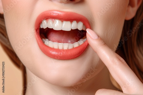 Woman Pointing at Open Mouth with Bright Lip Color