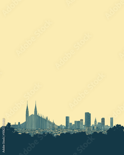Milan Skyline Silhouette with Iconic Duomo Cathedral at Sunrise Against Minimalist Background, Capturing Urban Architecture and Cityscape in Artistic Style