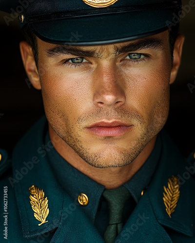 A Soldier's Intense Gaze: Close-up Portrait of a Military Man