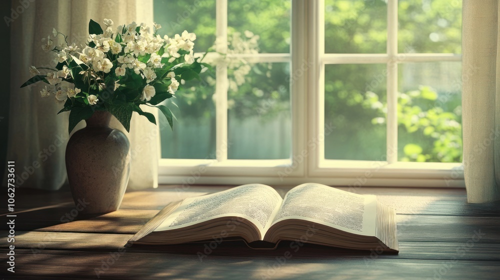 An open book sits on a wooden table in front of a window with sunlight streaming in and white flowers in a vase. An open book sits on a wooden table in front of a window with sunlight streaming in and white flowers in a vase.