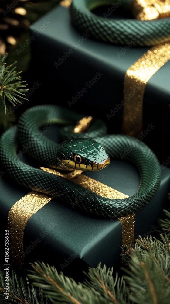 Green snake on Christmas gifts in black and gold colors. Year of the snake concept. Premium Lunar New Year and Christmas vertical background Green snake on Christmas gifts in black and gold colors. Year of the snake concept. Premium Lunar New Year and Christmas vertical background