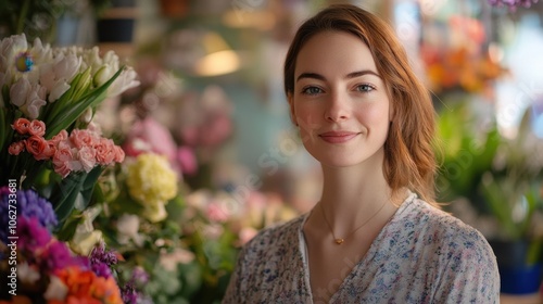 A portrait of a young European female florist standing in her vibrant flower shop, surrounded by a variety of colorful blooms, radiating joy and charm.