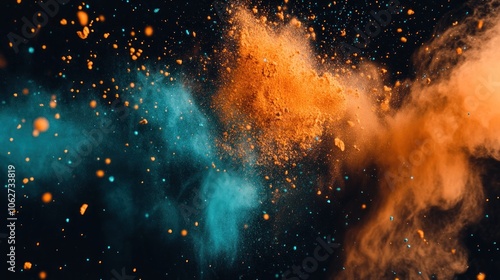 A vibrant explosion of blue and orange powder against a black background.