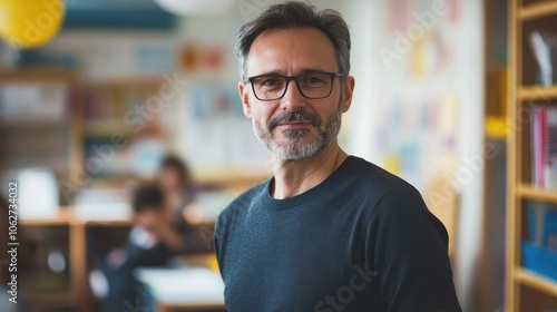 A mature male teacher stands confidently in a bright classroom, engaging with students. His professional demeanor and warm smile promote a positive learning environment.