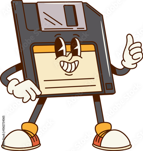 Groovy computer floppy disk diskette character from retro PC, vector cartoon comic. Groovy funky old floppy disk or desktop PC computer diskette with happy smile and thumb up for cartoon character