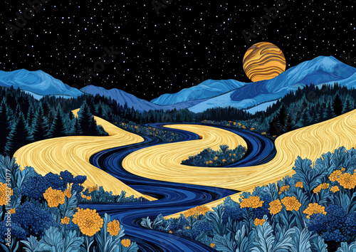 Vibrant Abstract Landscape Art with Starry Night Sky, Flowing River, Rolling Hills, Colorful Flowers, Majestic Mountains, and Artistic Sun Illustration