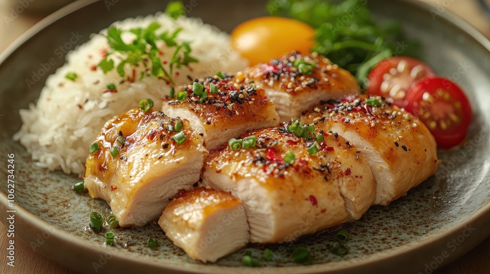 Hainanese Chicken Rice Delight, succulent chicken served with fragrant rice, garnished lightly, showcasing Singaporean culinary tradition. Hainanese Chicken Rice Delight, succulent chicken served with fragrant rice, garnished lightly, showcasing Singaporean culinary tradition.