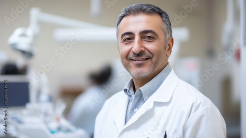 A middle aged Middle Eastern man smiles in a medical environment. He wears a white coat, exuding confidence and approachability, ready to provide care to patients.