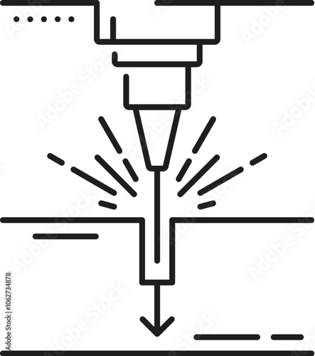 Laser drilling metalwork technology line icon. Steel engraving metalwork industry linear symbol, CNC marking manufacture equipment, laser cutting or drilling production technology vector outline icon