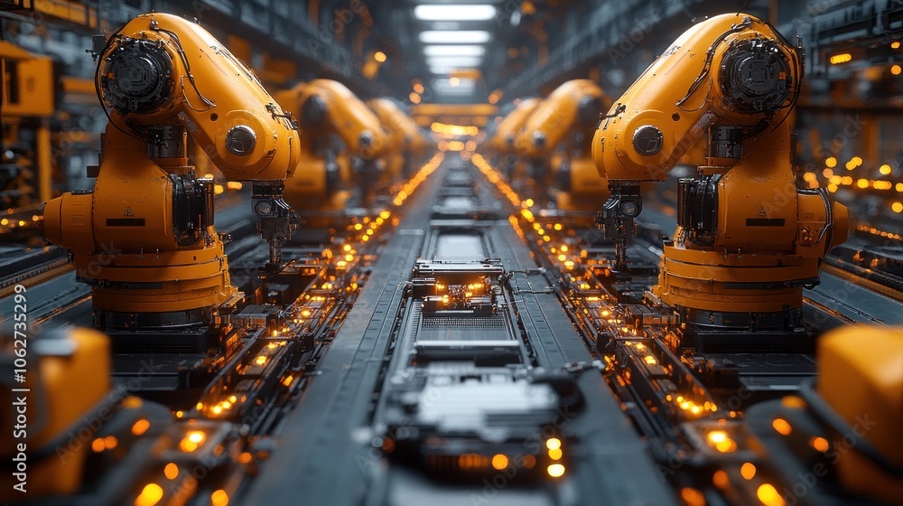 Industrial robots in a futuristic manufacturing facility. Industrial robots in a futuristic manufacturing facility.