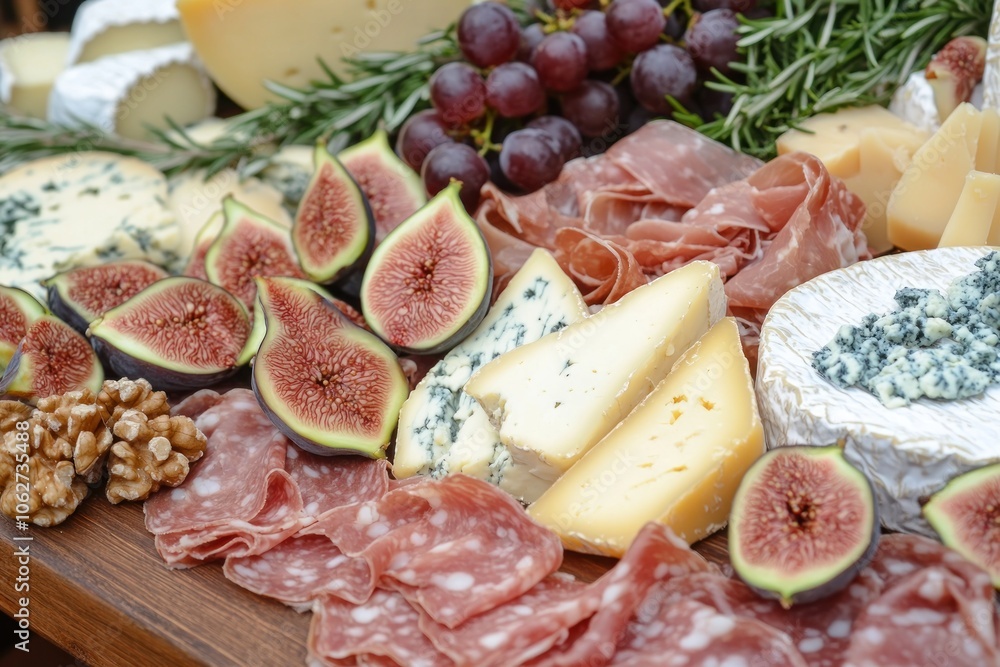 A Gourmet Cheese and Charcuterie Board Featuring Figs, Grapes, and Rosemary A Gourmet Cheese and Charcuterie Board Featuring Figs, Grapes, and Rosemary