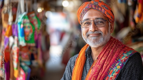 A portrait of a mature South Asian man dressed in traditional attire, radiating warmth and joy. The vibrant colors reflect a rich cultural heritage in a lively market.