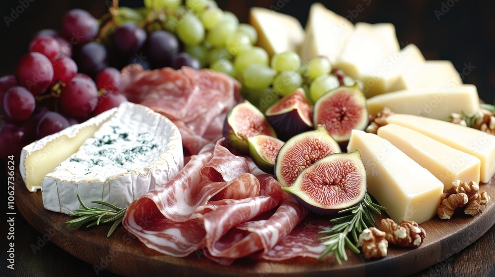 A Wooden Platter with Cheese, Salami, Figs, Grapes and Walnuts A Wooden Platter with Cheese, Salami, Figs, Grapes and Walnuts