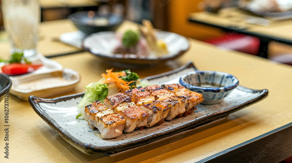 Plate of grilled unagi with sauce and garnish served in a Japanese restaurant, showcasing authentic Japanese cuisine and beautifully presented eel dish on ceramic plate. Plate of grilled unagi with sauce and garnish served in a Japanese restaurant, showcasing authentic Japanese cuisine and beautifully presented eel dish on ceramic plate.