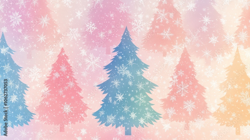 Obraz premium Cute Pastel Christmas Tree Pattern With Snowflake Accents