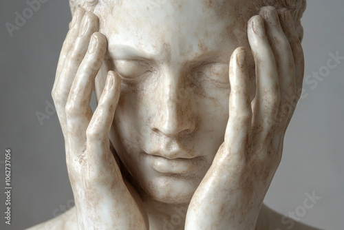 portrait of an statue with facial expression of headache or despair