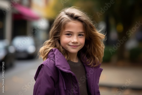 Portrait of a cute little girl with long blond hair in a purple jacket on the street