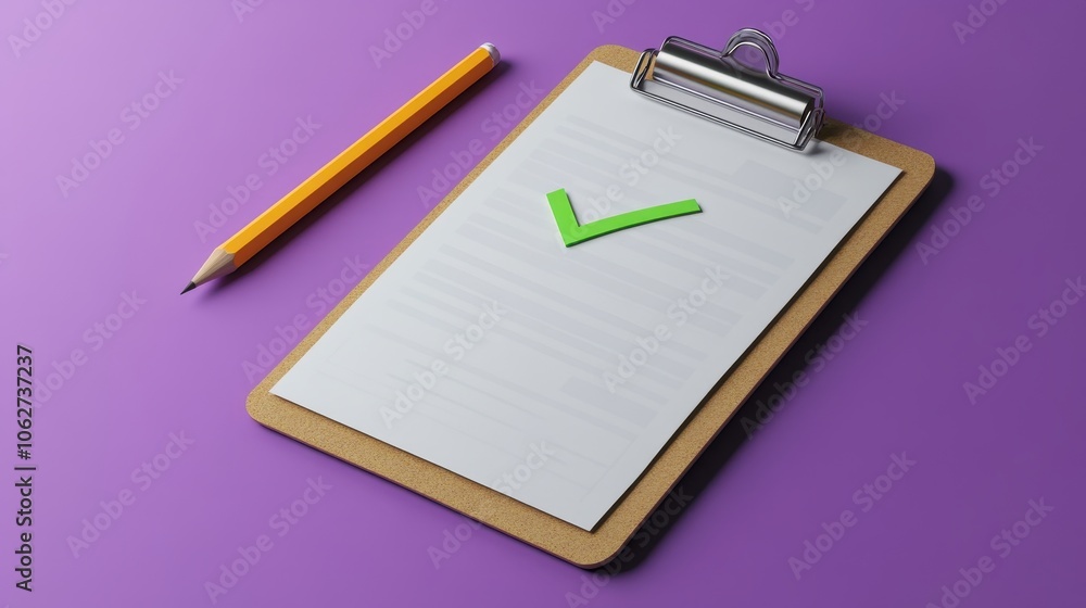 3D clipboard with completed task list, pencil and green checkmark. Checklist with successfully completed business tasks. Project plan document. illustration isolated on purple background. 3d 3D clipboard with completed task list, pencil and green checkmark. Checklist with successfully completed business tasks. Project plan document. illustration isolated on purple background. 3d