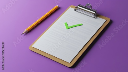 Wallpaper Mural 3D clipboard with completed task list, pencil and green checkmark. Checklist with successfully completed business tasks. Project plan document. illustration isolated on purple background. 3d Torontodigital.ca