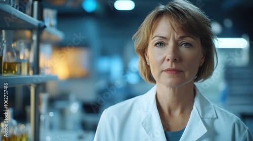 A mid-aged female scientist poses in a laboratory, showcasing her dedication to research and science. The setting reflects a professional environment filled with equipment.