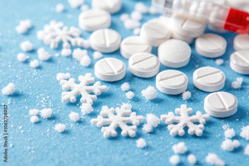 Snowflakes and Glucose Strips on Blue Background Snowflakes and Glucose Strips on Blue Background