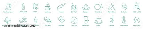 Food Preservatives, Coloring Agents, Freezing, Sweetness, Thickeners, Citric Acid, Stabilizers, Antioxidants, Mold Inhibitors, Sterilization, HACCP Certified, Monosodium Glutamate vector icon set