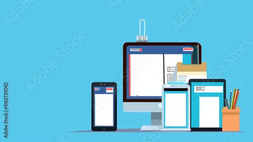 Illustration of various digital devices including a desktop, laptop, tablet, and smartphone on a blue background, reflecting modern communication and technology.