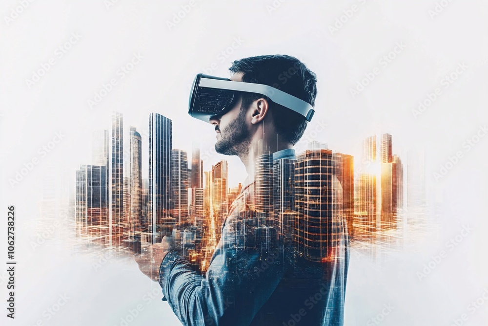 Exploring the Future: Man in VR Headset Immersed in Futuristic Cityscape Exploring the Future: Man in VR Headset Immersed in Futuristic Cityscape