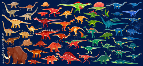 Dinosaurs infographics, prehistoric dino species vector set. Cartoon ancient reptiles from Jurassic era. Terrestrial carnivores, omnivores, herbivores and mammoth with marine reptiles and pterosaurs