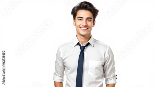 Smiling young man in white shirt and tie, exuding confidence