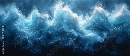 A dramatic depiction of turbulent ocean waves in shades of blue and white.