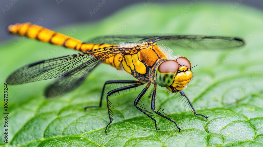 vibrant dragonfly perched on lush green leaf, showcasing its striking yellow and black patterns. intricate details of its wings and eyes highlight beauty of nature vibrant dragonfly perched on lush green leaf, showcasing its striking yellow and black patterns. intricate details of its wings and eyes highlight beauty of nature
