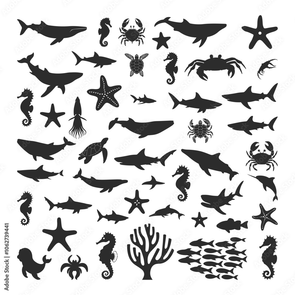 Sea animal silhouette, Ocean animal silhouette, Animal vector clipart, Sea life silhouette. Sea life- a group of marine animals Sea animal silhouette, Ocean animal silhouette, Animal vector clipart, Sea life silhouette. Sea life- a group of marine animals