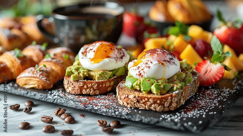 A vibrant breakfast spread featuring avocado toast, poached eggs, fruits, and coffee. A vibrant breakfast spread featuring avocado toast, poached eggs, fruits, and coffee.