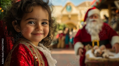 Joyful Spanish Child at Festive Plaza with Traditional Nativity Scene and Santa's Expressive Happiness photo