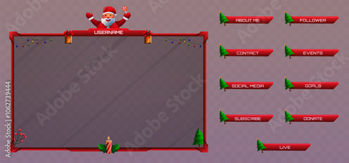 Christmas Stream Overlay Webcam Screen Frame and Stream Alert Panels in Red Theme with Santa Claus, Christmas Trees, Candle and Lights for Gaming and Live Streaming