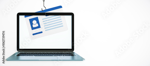 Laptop displaying a document being pulled by a hook. 3D Rendering photo